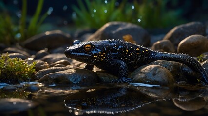 Moonlit Night: Italian Crested Newt by a Peaceful Stream