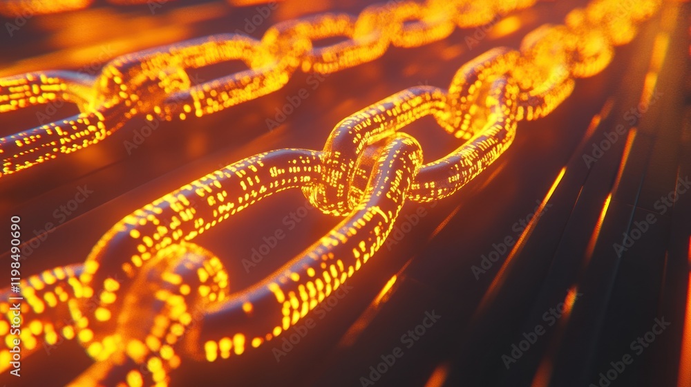 Poster glowing orange chains: digital data security and blockchain technology