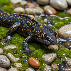 Obraz premium Hidden in Plain Sight: Italian Crested Newt on a Rocky Riverbed