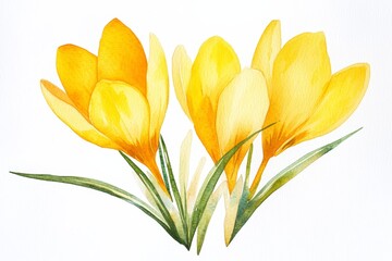 Watercolor painting of three yellow crocuses. (7)