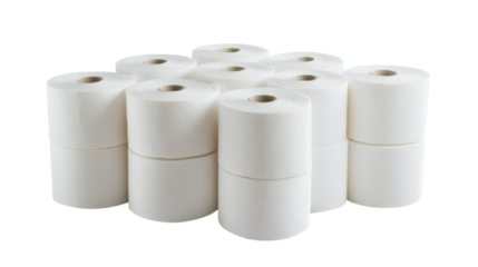 Multiple rolls of toilet paper stacked, isolated on transparent background