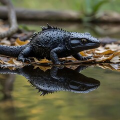 Fototapeta premium A Quiet Reflection: Italian Crested Newt Gazing Into Still Waters