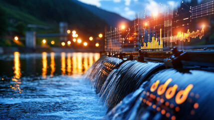 cinematic high resolution capture of flowing water with digital graphs overlay, showcasing blend of nature and technology. scene is illuminated by soft lights, creating serene atmosphere