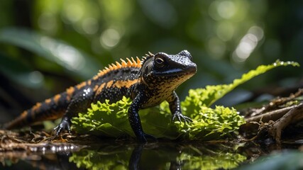 Obraz premium Resting in Nature: Italian Crested Newt in a Rich Forest Habitat