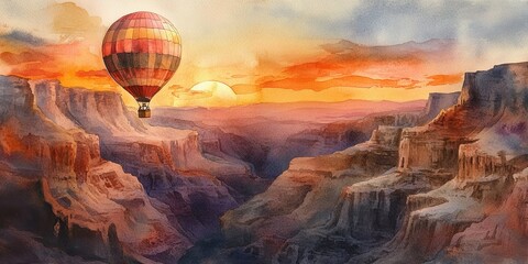Watercolor Hot Air Balloon Flying Over Canyon at Sunset