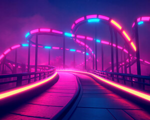 Fototapeta premium A vibrant roller coaster with neon lights against a moody sky.