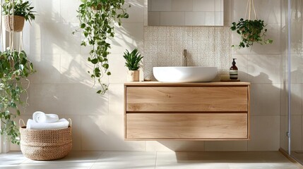 Bathroom interior concept. Elegant bathroom with wooden vanity, plants, and soft towels for a serene atmosphere.