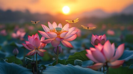 Pink lotus flowers, dragonflies, sunset serenity.