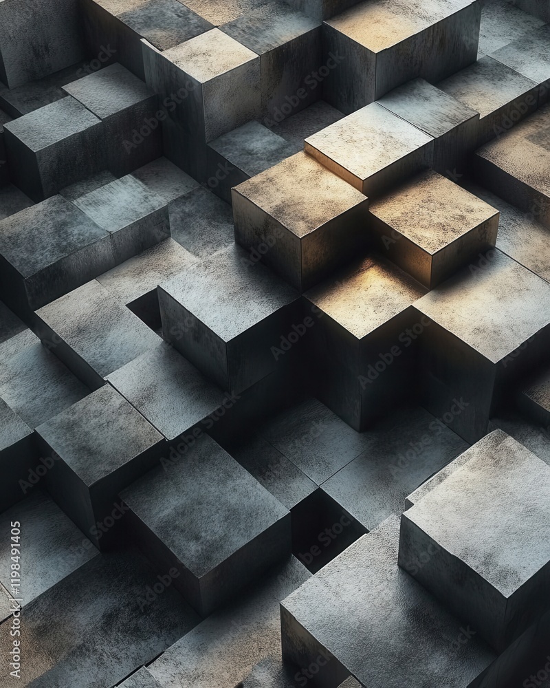 Aufkleber abstract 3d geometric metallic cubes with textured surface and dynamic lighting.