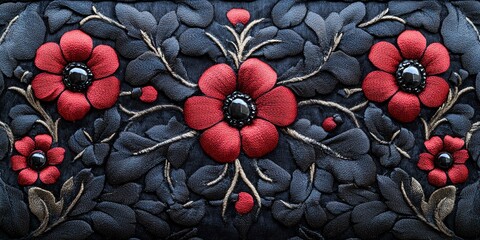 Elegant Black Velvet Embroidery: Rich Red Flowers and Gold Vines