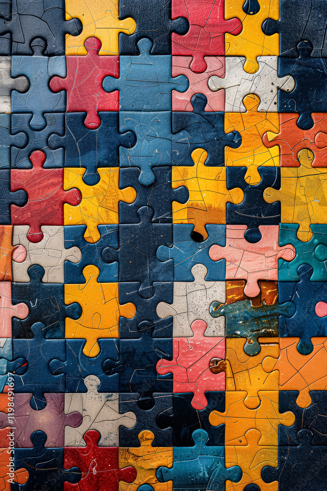 Poster jigsaw puzzle with many pieces of different colors. the image has a playful and creative mood, as it