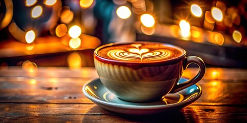 Obraz premium Adorable Latte Art Coffee Cup, Cozy Low Light Cafe Ambiance, Warm Drink, Steam, Whipped Cream
