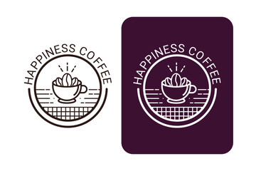 Minimalist Line Drawing of Coffee Cup with Beans, "Happiness Coffee" Logo, Clean Modern Design, Circular Frame, Subtle Grid Pattern