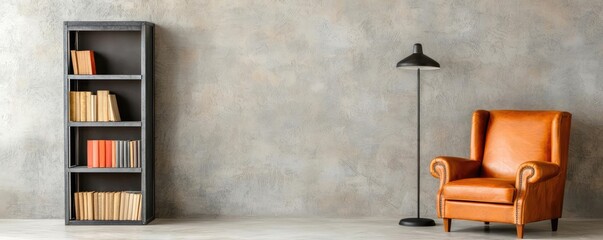 Fototapeta premium Industrial room interior idea. Cozy interior featuring a stylish armchair and bookshelf against a textured wall.