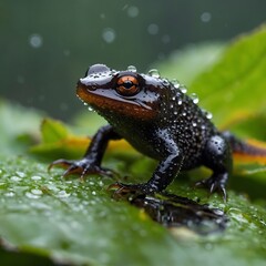Obraz premium Alpine Newt Resting on a Wet Leaf Amidst a Gentle Rain