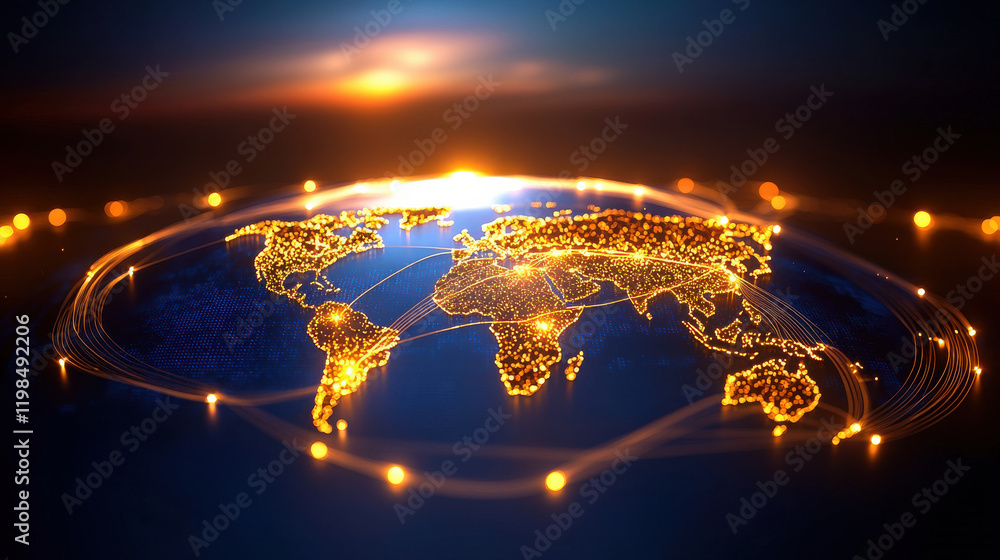 Poster cinematic perspective of interconnected markets glowing across world, showcasing vibrant networks and data flow. This captures essence of global connectivity and technology