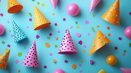 Colorful Party Hat Decorations and Confetti on Bright Blue Background