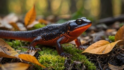 Obraz premium Autumn Serenity: Alpine Newt Among the Fallen Leaves in the Forest