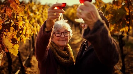 Senior couple enjoying a wine toast in a golden vineyard at sunset, smiling warmly while celebrating a special moment surrounded by autumn leaves. Video made using Generative AI. - Powered by Adobe
