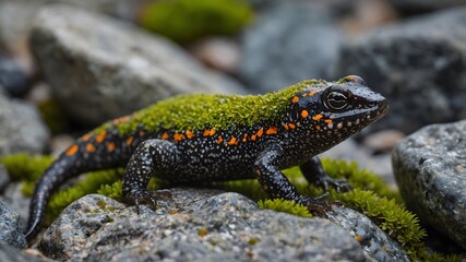 Obraz premium Alpine Newt's Masterful Camouflage Among the Rocky Landscape
