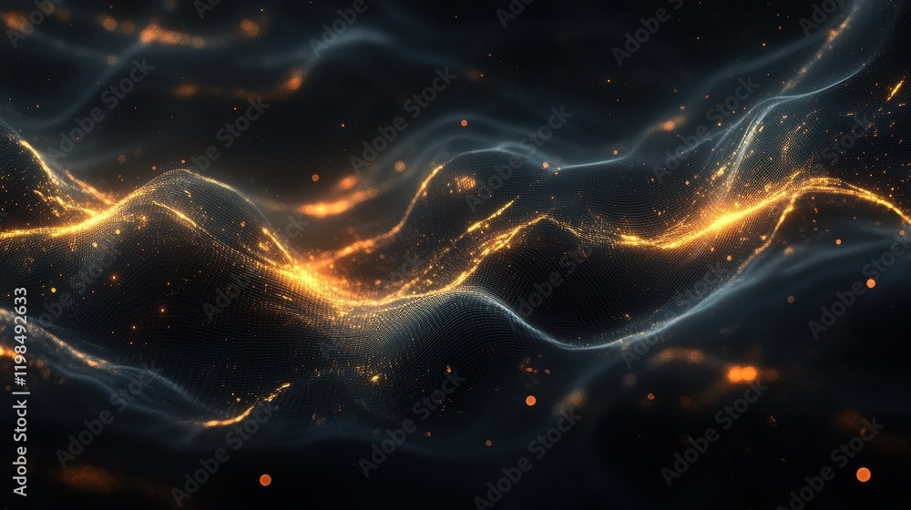 Poster abstract 3d wavy mesh with golden particles on dark background, futuristic data flow concept.