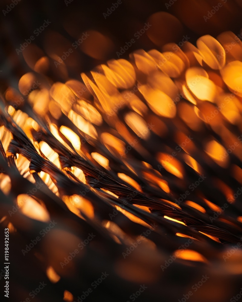 Poster abstract metallic mesh with golden light bokeh, macro detail