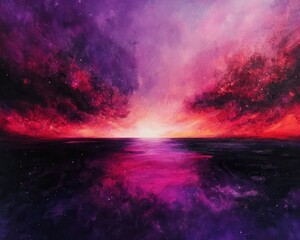 Fototapeta premium Dramatic Cosmic Sky at Dusk Oil Painting Abstract with Purple and Red Hues.