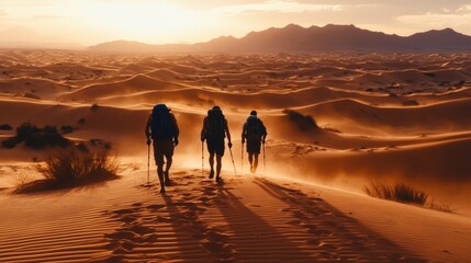 Adventurous Hikers Trekking Across Sandy Desert Dunes at Sunset