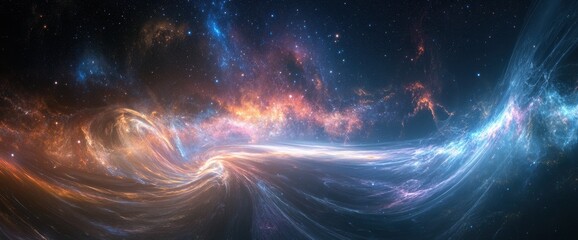 Panoramic Cosmic Nebula with Swirling Light and Stars, High Resolution Abstract Space Background.