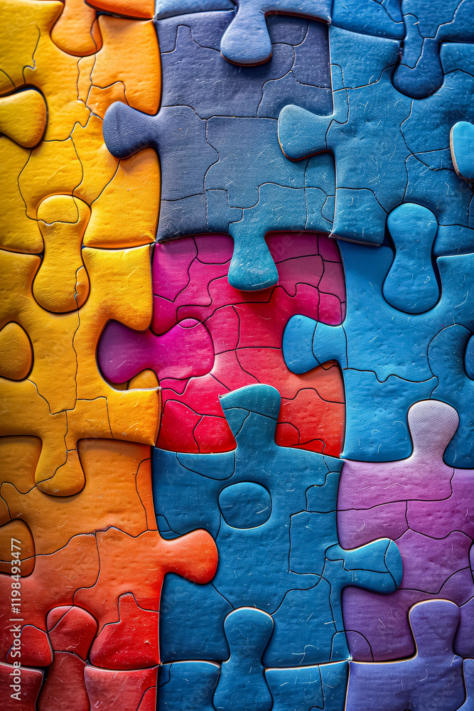 Poster jigsaw puzzle with many pieces of different colors. the image has a playful and creative mood, as it