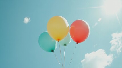 Fototapeta premium Four Colorful Helium Balloons Floating Against a Bright Blue Sky with Sunshine Flare.