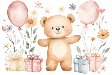 The image features a cute teddy bear surrounded by flowers, balloons, and gift boxes