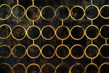 Elegant Dark Backdrop with Golden Circles and Textured Splatters, Abstract Geometric Design.