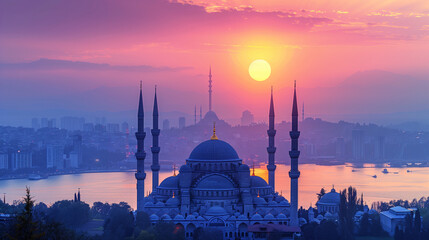 Fototapeta premium Majestic mosque at sunrise overlooking city and river