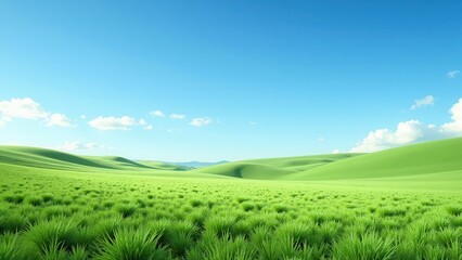 Obraz premium A lush green field stretches beneath the sky, dotted with fluffy white clouds. Long, vibrant grass sways gently in the breeze, creating an inviting scene of natural beauty