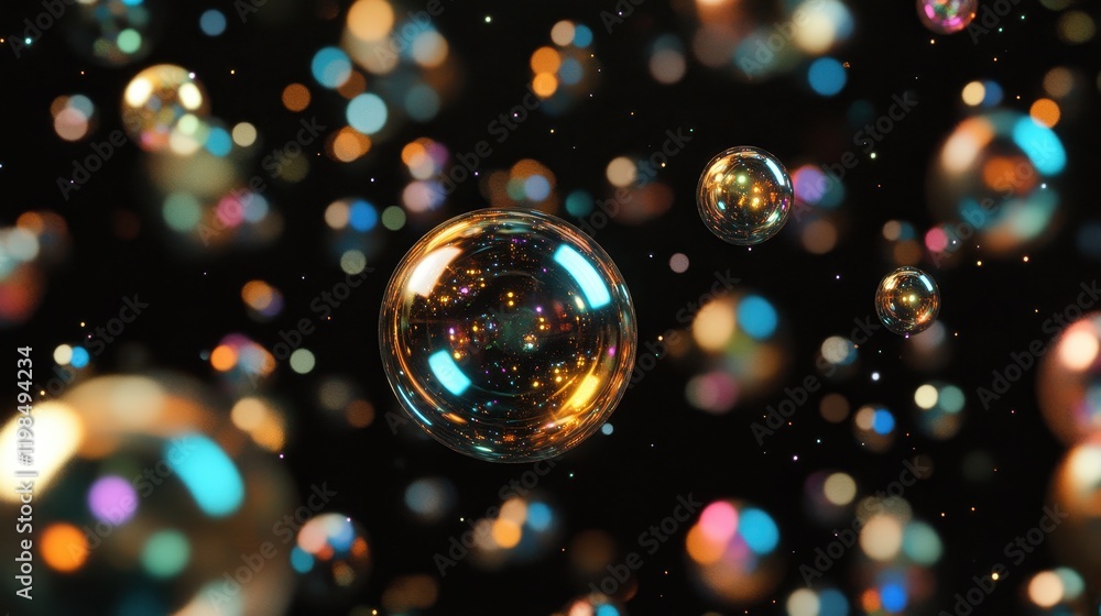 Poster abstract 3d rendering of floating glass spheres with bokeh lights on dark background.