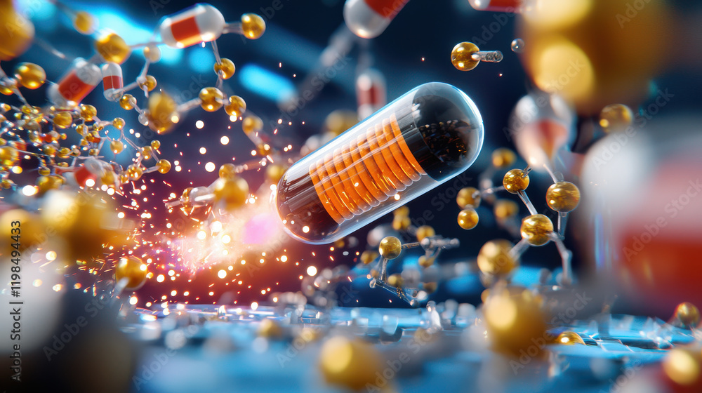 Fototapete cinematic shot of nanotechnology in action, showcasing tiny robotic elements interacting with molecu