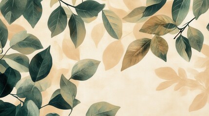 Elegant Leaf Pattern Background with Textured Paper Effect, Soft Greens and Muted Browns