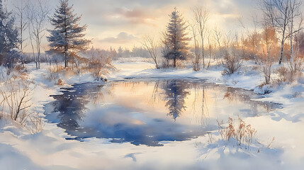 Watercolor of a frozen pond reflecting the sky, surrounded by snowy trees and a peaceful atmosphere