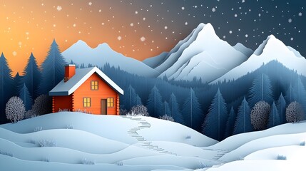 Papercut design of a mountain cabin with a trail leading to it and snowflakes falling softly