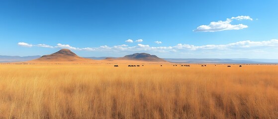 Golden savanna landscape with distant hills and wildlife.