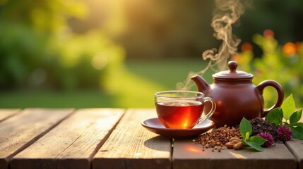 Aromatic Herbal Tea Brew Served Outdoors on Rustic Wooden Table at Sunset