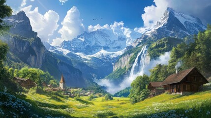 Idyllic alpine village nestled in a valley with a majestic waterfall and snow-capped mountains under a vibrant sky.