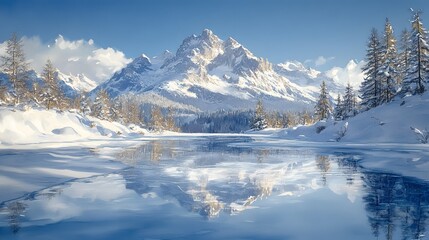 Watercolor of a snowy mountain peak reflected in a frozen lake under a clear sky