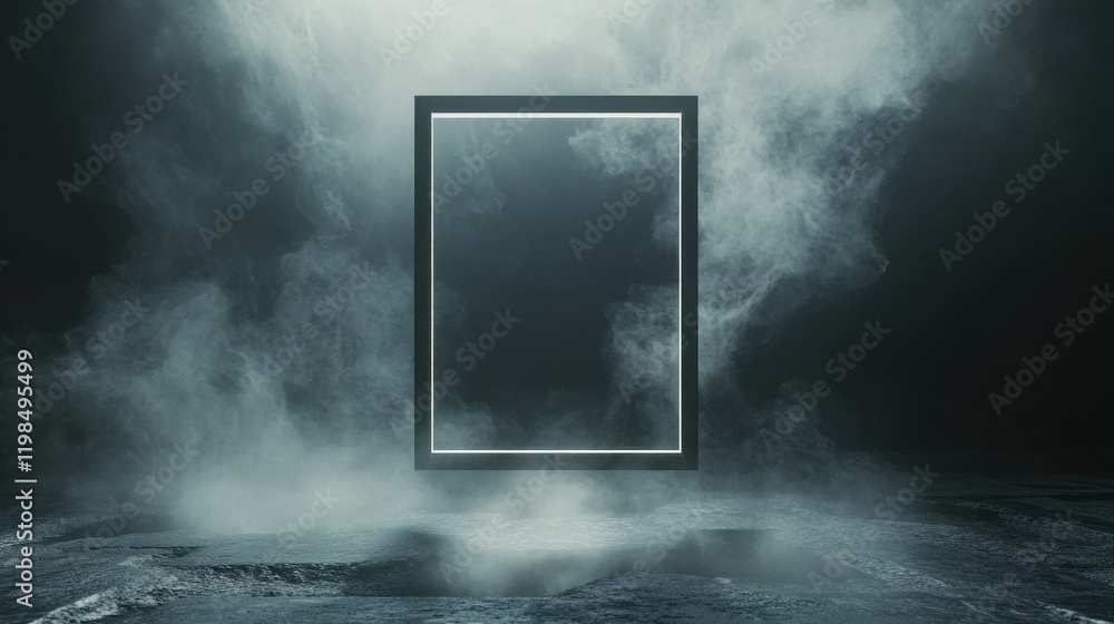 Poster abstract dark moody background with a glowing rectangle frame surrounded by smoke and fog.