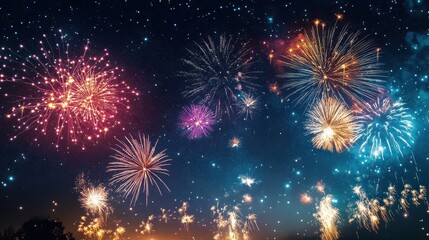 Spectacular Fireworks Display Against a Starry Night Sky.