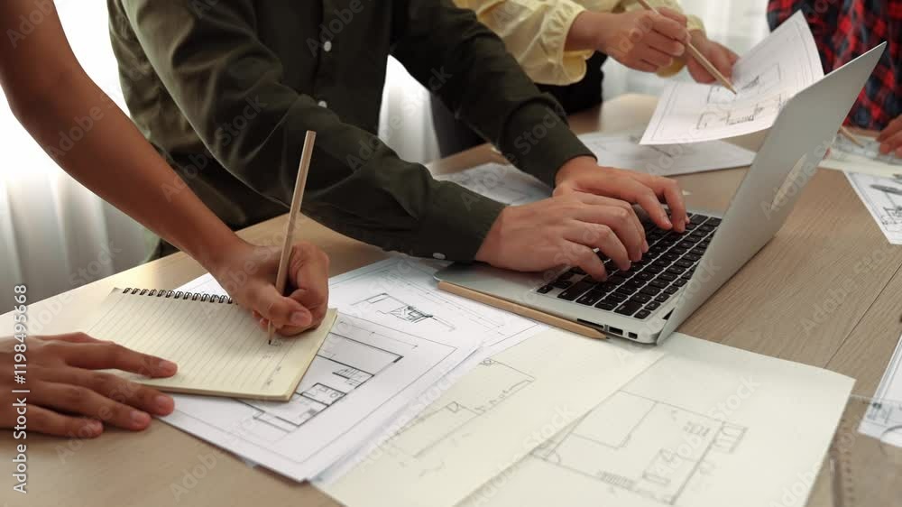 Poster architect and engineer consulting construction detail blueprint display in laptop on table with arch