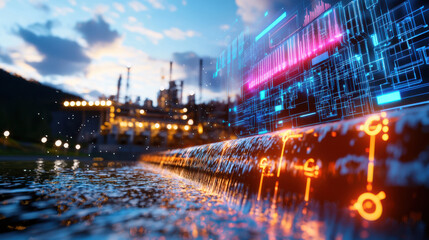 Obraz premium cinematic view of hydroelectric plant with cascading water and digital elements, showcasing technology and nature in harmony