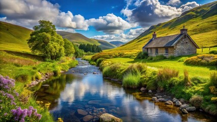 Obraz premium Serene Stone Cottage Beside a Tranquil River, Nestled in a Verdant Valley Under a Summer Sky