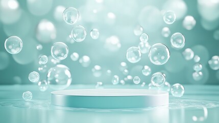 Elegant Light Blue Product Display Podium with Floating Glass Bubbles on Watery Surface.